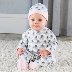 ベビーアスペン 女の子用ピンクリトルピーナツぞうさん足つきカバーオールxキャップパジャマ2点セット(ギフトBOX入り) 出産祝い 帽子 スリープウェア ロンパース babyaspen