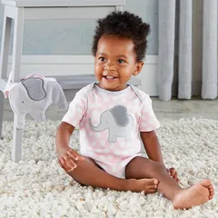 ベビーアスペン 女の子用ベビーピンクリトルピーナッツぞうさん半袖ボディスーツxスタイ2点セット ボディースーツ ロンパース ビブ よだれかけ 肌着 パジャマ 出産祝い babyaspen