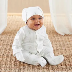 ベビーアスペン baby ASPEN 男女兼用バニーちゃんバンブーコットン足つきカバーオール出産祝いウェルカム超豪華3点セット（専用ギフトボックス入り） ミトン ハット 帽子 パジャマ