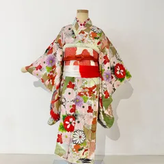 七五三　7歳女の子　着物　四つ身　花　くすみ系　グリーン　ピンク　赤　長襦袢　帯セット　帯揚げ帯締め付き　ビンテージ　#きもの猫田　T463