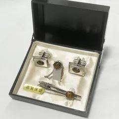 【送料無料】カフスセット/タイピン/タイガーアイ/シルバー/3点セット/箱付き/中古品