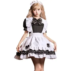 ロリータ ゴスロリ 服 萌え ワンピース＋エプロン＋蝶結び メイド服 メイドカフェー レディース ハロウィン コスプレ服 クリスマス 黒と白 定番 可愛い 本格志向 メイド仮装 アリス風 ドレス 日常 学園祭 変装パーティー