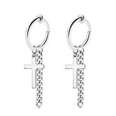 イヤリング メンズ レディース 十字架 クロスリング フェイクピアス チェーン 両耳/片耳 韓国ファッション オルチャン ステンレス 人気アクセサリー (両耳用：２つ入り) [両耳用：２つ入り]