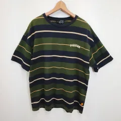 MONO-MART モノマート Ｔシャツ マルチボーダー ロゴ刺繡 半袖 ビッグシルエット グリーン ネイビー ベージュ Lサイズ ◎_□〇