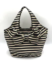 kate spade ケイトスペード PXRU3736 ボーダー ナイロン リボン トート バッグ 黒×アイボリー ■■ レディース