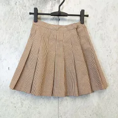 WEGO ウィゴー ミニチェック柄スカート プリーツスカート ベーシック 韓国ファッション ウエストサイズ調節可 ブラウン S ◎、〇□