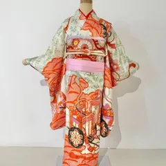 七五三　7歳女の子　着物　四つ身　豪華　オレンジ系　長襦袢　帯セット　帯揚げ帯締め付き　ビンテージ　#きもの猫田　T465