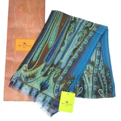 ETRO エトロ ペイズリー ストール ショール シルク ブルー系 イタリア製 紙パッケージ付き rk10421