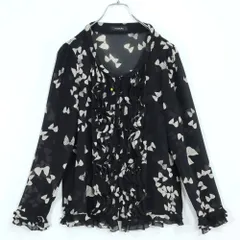 インゲボルグ★フリルいっぱい♪シフォンブラウス 大きいサイズ13 黒系 前開き ドットリボンpt♪薄手 z19476