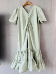ミント色 シャカシャカ素材 ONE PIECE 半袖 夏 Vネック