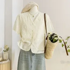 レディース 刺繍ブラウス 半袖 Vネック フリル襟 ショート丈 夏 トップス おしゃれ