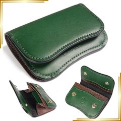 【新品】 LAWREN 小銭入れ 手作り フルハンドメイド コインケース ギフト プレゼント ミニ財布 本革 カード入れ付き イタリア産レザー ブッテーロ buttero (グリーン) 1