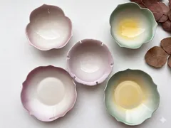 ★まとめ割してますコメント下さい★【お得限定在庫1 セット限り】  倉庫一層セール アウトレット　瀬戸焼　小鉢　小皿　松華堂弁当　5個セット　ヒワ　黄　紫　ぼかし　花形