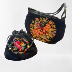 【美品】フェイラー 2点セット ハンドバッグ 巾着 シュニール織 花柄 黒 ドイツ製
