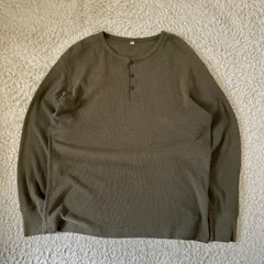 00s OLD UNIQLO ロンt サーマルTシャツ　ワッフル　カーキ　ヘンリーネック　グランジ　フェード　メンズXL thermalT ハニカム　大きいサイズ　オーバーサイズ　お兄系　ギャル男　平成　00s 00年代 古着　ヴィンテージ　ビンテージ
