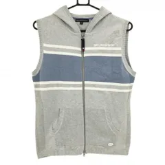 【美品】ロサーセン フード付ニットベスト グレー×ブルー ジップ 胸ライン レディース 42(L) ゴルフウェア Rosasen