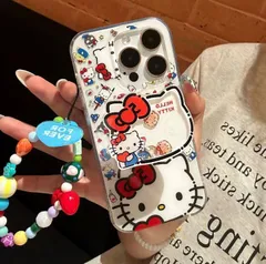カートゥーンハローキティiPhoneケース + キティ猫イラストのロッキングスタンド + チェック柄の犬のハートチャーム付きストラップセット