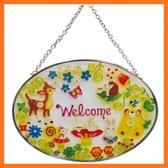 【新品】 かわいい 手作り ガラス細工 ステンドフレーム 森の動物たち ウェルカム 楕円 CNJRTK13