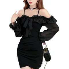 [NOVUS VENTUS] オフショルダー キャミ タイト ミニ フリル ワンピース 黒 レディース リボン ドレス ワンピ オフショル ミニ丈 キャミソール シフォン 肩出し M L XL ブラック かわいい カワイイ 可愛い 肩ひも [ブラック] [L]