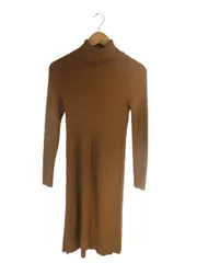 ユニクロ UNIQLO ワンピース ニット ミモレ丈 タートルネック リブ 長袖 無地 ブラウン サイズM QQQ