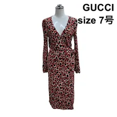 ●◇ グッチ GUCCI カシュクールワンピース 長袖 Vネック ロング プリント 総柄 赤 白 黒 S 7号 レディース Z6B515のサムネイル