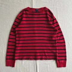 希少　archive　アーカイブ古着　POLO RALPH LAUREN　ポロラルフローレン　細ボーダー柄　サーマル　ワッフル生地　　ロングスリーブTシャツ　長袖　短丈　ワンポイントポニーロゴ刺繍　レッド×ブラック　XL(18-20)　グランジ　Y2K　パンク