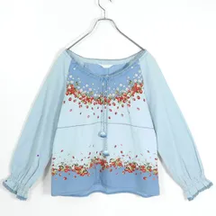 ピンクハウス★苺が舞う♪ 長袖ブラウス ボートネック かぎ針編みモチーフ付き 水色系 z19484