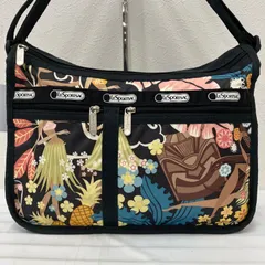 1744　LeSportsac レスポートサック　デラックスエブリデイ　ショルダーバッグ　ハワイ限定　ブラック　黒　レディース　フラガール　花柄　パイナップル　軽量　カジュアル