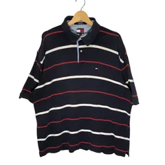 TOMMY HILFIGER/トミーヒルフィガー 90年代/90’s ヴィンテージ フラッグタグ ボーダー柄 半袖ポロシャツ ワンポイント刺繡 オーバーサイズ ビックシルエット INDIA製XLサイズ ネイビー
