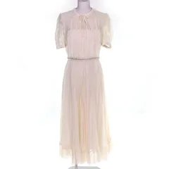 極美品△SELF PORTRAIT セルフ ポートレート ウエストビジューベルト付き レースデザイン シフォン プリーツ 半袖 ミディドレス ワンピース アイボリー UK8 レディース