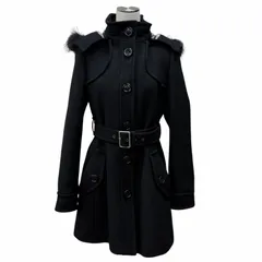 極美品★BURBERRY BLUE LABEL バーバリーブルーレーベル ウール アンゴラ混 ラクーンファー・フード付 裏地チェック柄 コート ブラック 40 正規品 レディース