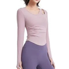 [Arimelune] レディース トップス 長袖 Tシャツ ヨガ ウェア カップ付き 可愛い お洒落 スリム シンプル ジム ピラティス スポーツ シャツ 女性 婦人 運動 10 分 袖 ミディアム 丈 体型 カバー 指 穴 付 スタイル [ピンク] [M]