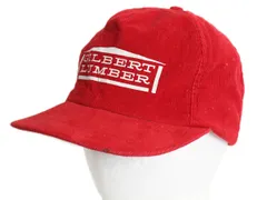 【お得なクーポン配布中!】 90s USA製 細畝 コーデュロイ 企業 プリント ベースボール キャップ フリーサイズ / 帽子 オールド ワンポイント トラッカー ハット レッド