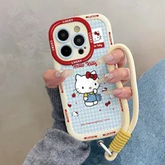 ブルーチェックのハローキティiPhoneケース 可愛らしい全包みデザイン + 手首ストラップ