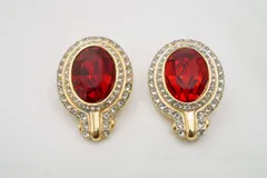 ジバンシィ ヴィンテージ ラージ イヤリング オーバル型 カラーストーン ラインストーン 赤 レッド 金 ゴールド GIVENCHY 5654j