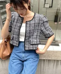 NICE CLAUP(ナイスクラップ) ツイード ジャケット ミニ レース エンブロイダリー ブラック ボレロ