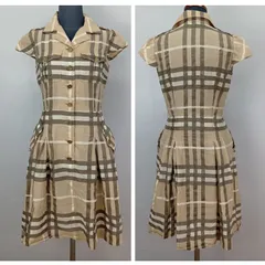 BURBERRY LONDON バーバリーロンドン ノバチェック ワンピース シルク混 サイズ 36 ベージュ ロゴボタン フレンチ袖 シャツワンピ 極薄手 裏地なし 日本製【0369h】