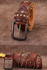 本革製 リベットベルト メンズ レトロパンク風 牛革 デニムベルト スタッズ スカルデザイン カジュアル アメカジ　幅3.8㎝