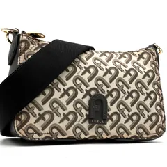 極美品 FURLA フルラ アテナ ATENA ショルダーバッグ アーチロゴ 総柄 総ロゴ キャンバス レザー サンドベージュ ブラック 黒 ゴールド金具 軽量 斜めがけ 肩掛け WB00713 レディース ウィメンズ カジュアル デイリー 人気 流行