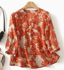 夏新作 レトロフラワー柄プリント 五分袖シャツ ブラウス 大花柄 クラシックデザイン トップス