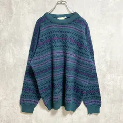 ～90s　AARDVARK　総柄ウールニットセーター　カナダ製　緑　グリーン　レトロ　秋冬服　Mサイズ　古着
