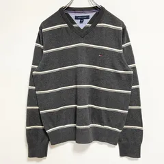 TOMMYHILFIGER　トミーヒルフィガー　長袖ボーダー柄ニット　セーター　Vネック　ワンポイント刺　グレー　古着