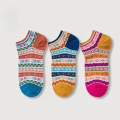 スニーカー丈ソックス 3足セット レディース 23-25cm 綿混 通気性 吸汗 快適 つま先配色 カジュアル エスニック調 ins風