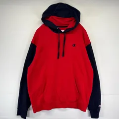 古着 チャンピオン Champion パーカー トレーナー ワンポイント刺繍ロゴ 大きいサイズ XL  レッド系 ツートン メンズ