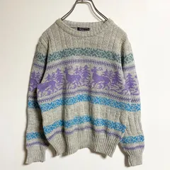 長袖ノルディック柄ニット　セーター　クルーネック　トナカイ　グレー　秋冬服　レトロデザイン　Lサイズ　古着