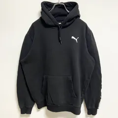 PUMA　プーマ　長袖ワンポイントプリントパーカー　スウェットフーディー　袖ロゴ　黒　ブラック　秋冬服　Lサイズ　古着