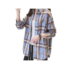 [Ailiyumo] レディース チェックシャツ 長袖 トップス ジャケット ゆったりレディースシャツ 大きいサイズ ブラウス 通勤 通学 春 秋 冬 (ブルー, L) 0