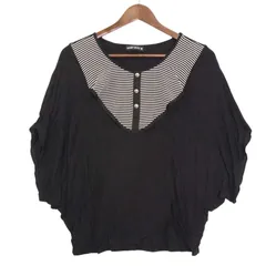 MARY QUANT マリークワント 春夏 レーヨン100％★ ボーダー 切替 ドルマンスリーブ プルオーバー Sz.M レディース 黒 日本製のサムネイル