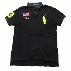 Polo by Ralph Lauren ポロバイラルフローレン ポロシャツ ビッグポニー 刺繍 ナンバリング 鹿の子 星条旗 カットソー ブラック M メンズ 【中古】