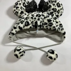 ★ Disney ミニーマウス ファンキャップ 帽子 ヒョウ柄 モノトーン 白黒 ブラックリボン スパンコール  Disney RESORT  現状品